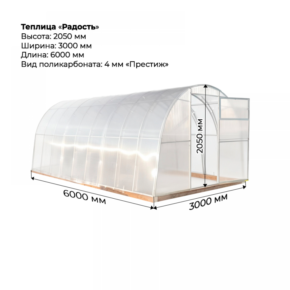 Теплица "Радость" 3*6 шаг 1,0м, 7 усилений, оцинкованный профиль 25*25, с поликарбонатом 4мм Престиж.