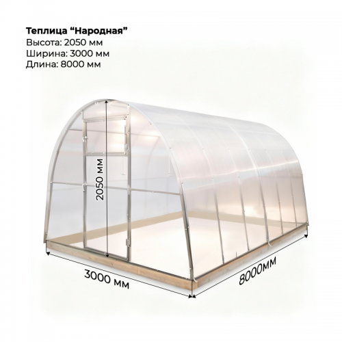 Теплица "Народная" 3*8 шаг 1,0м, 5 усилений (из оцинкованного профиля 25*25), с поликарбонатом.