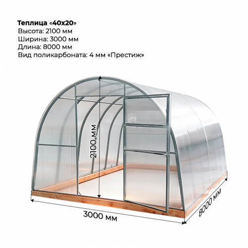 Теплица "40*20" 3*8 шаг 0,65м, 5 усилений, оцинкованный профиль 40*20, с поликарбонатом 4мм Престиж.